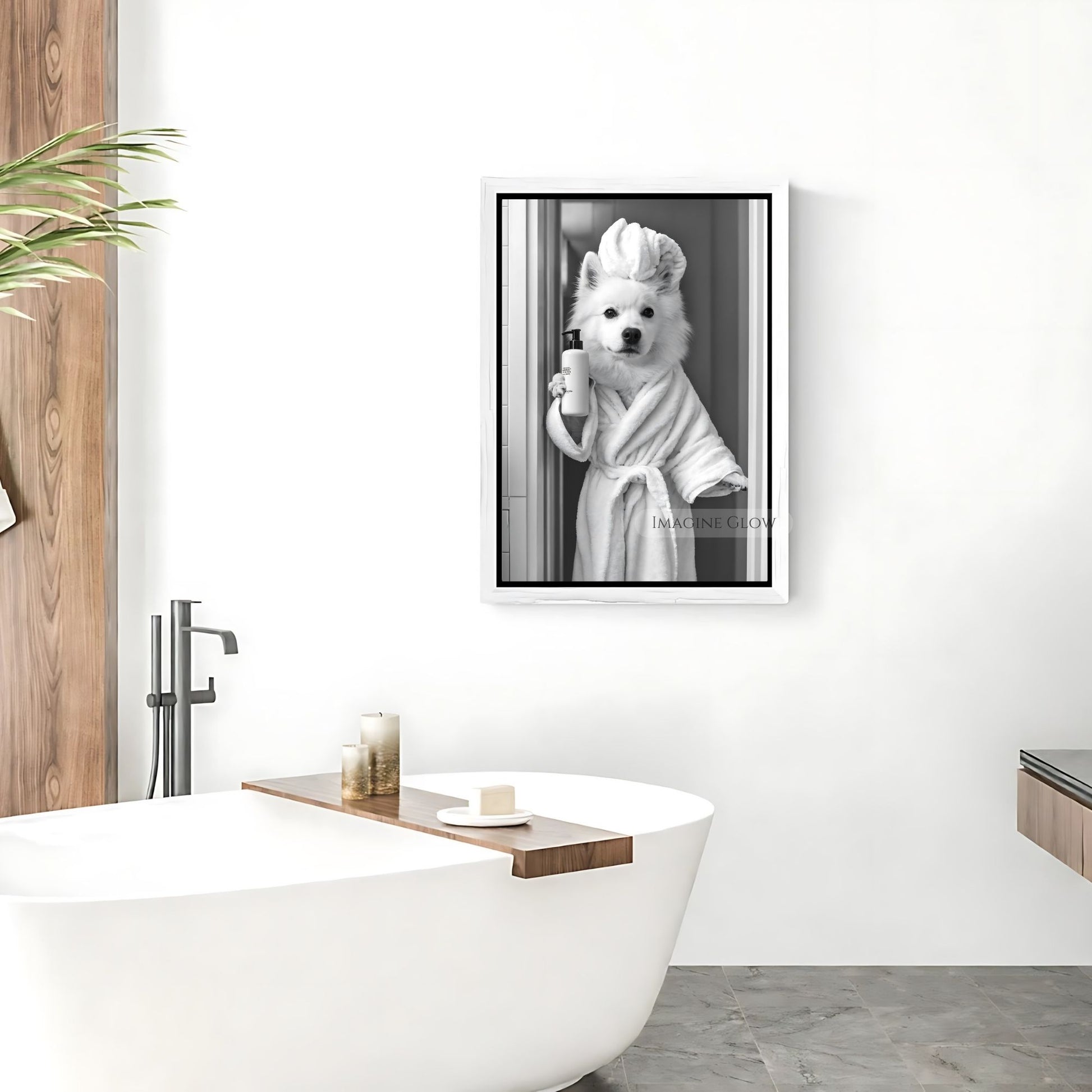 Samoyed bathroom decor featuring a dog in a robe
