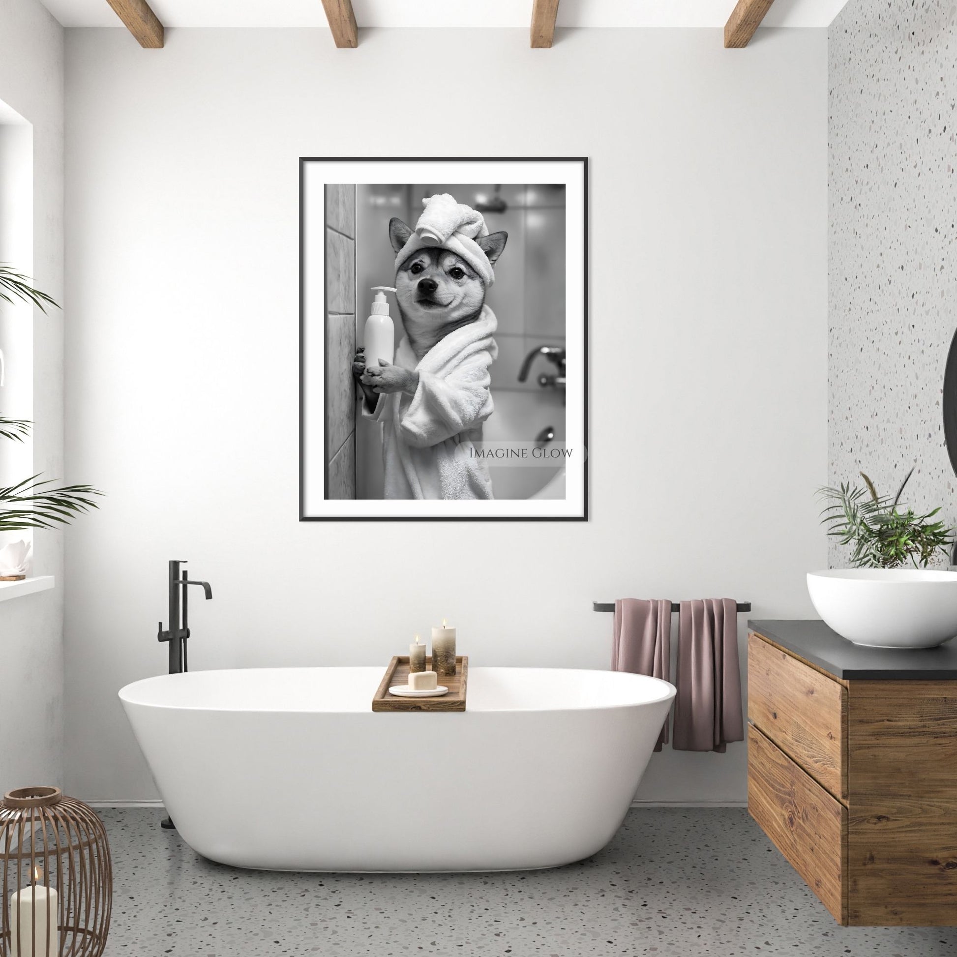 Shiba Inu bathroom decor featuring a dog in a robe
