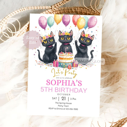 Birthday invitation card with three black cats, balloons, and a cake on a white background.