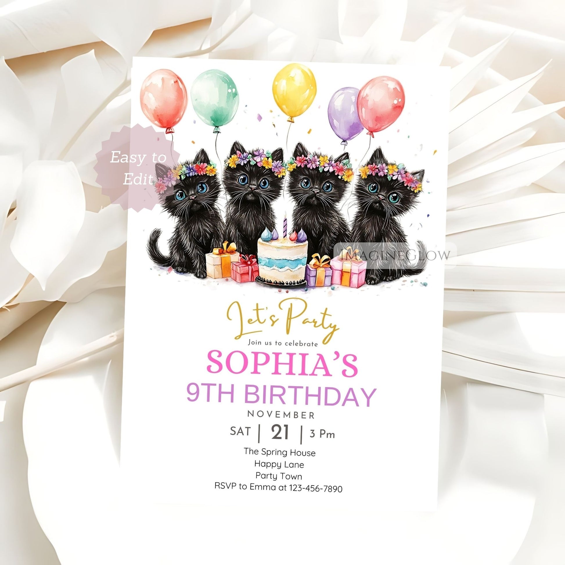 Elegant black cats themed birthday party invitation editable
