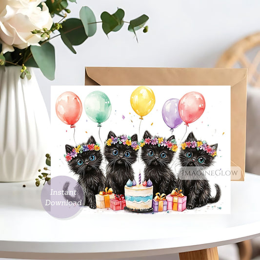 Greeting card with four black cats celebrating a birthday, surrounded by balloons and a cake.