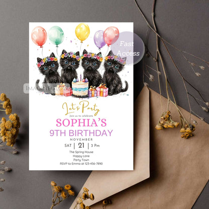 Floral black cat birthday party invitation template
