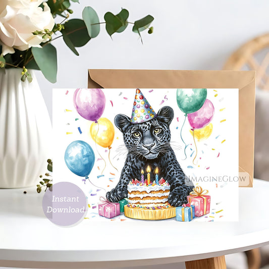 Black Panther birthday card printable digital download
Wild cat birthday greeting card with black panther
