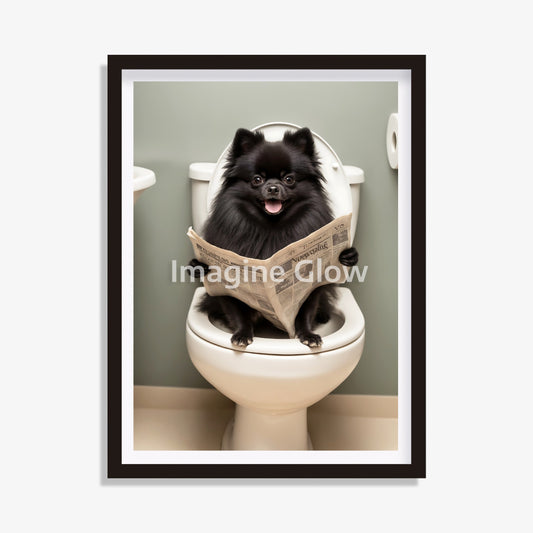 Bathroom scene with black Pomeranian sitting in toilet
Funny digital art of Pomeranian in a toilet
