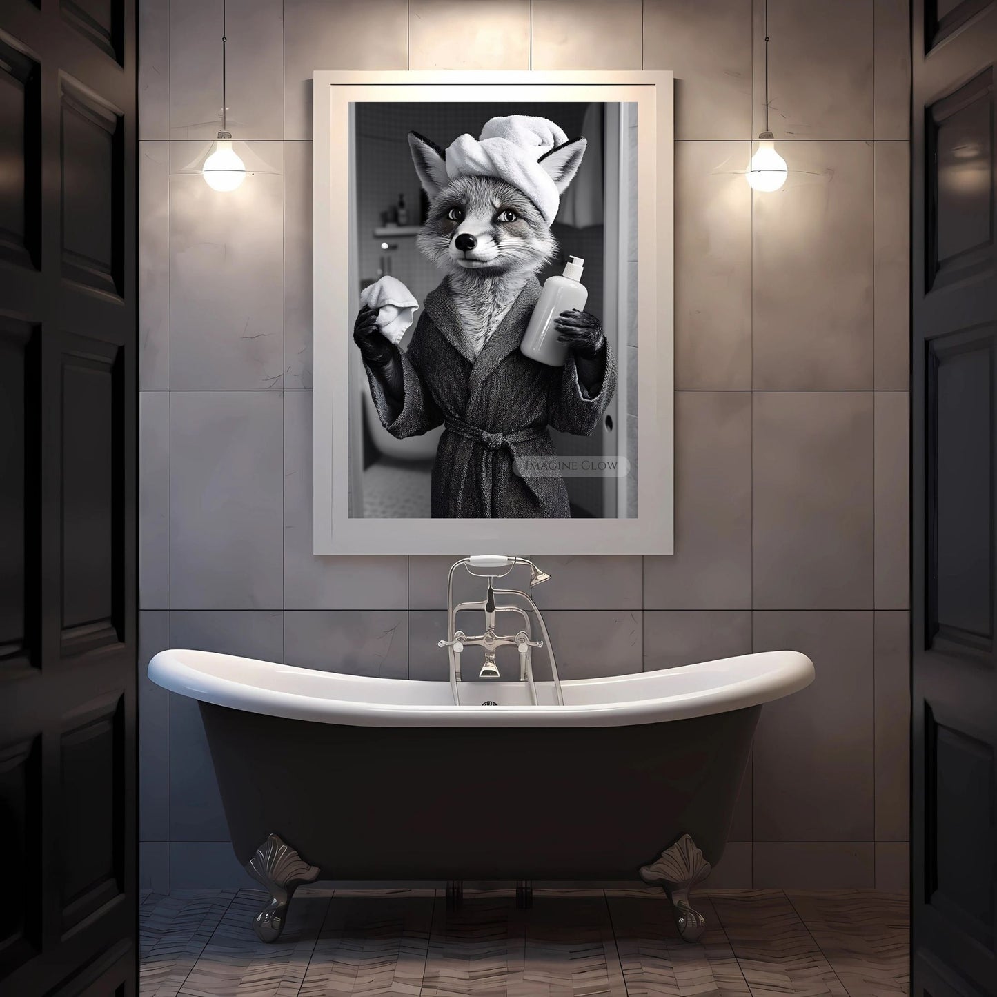 Black and white fox print for bathroom walls
