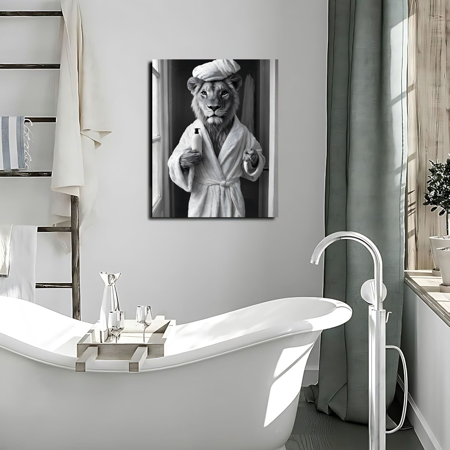 Toilet poster featuring quirky animal humor with a lion in a bathtub.
