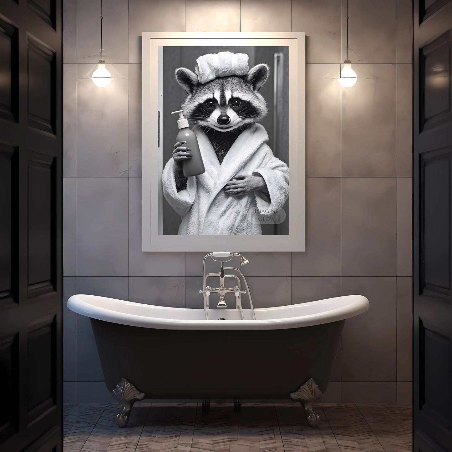 Quirky raccoon holding soap toilet poster for animal-themed bathroom decor
