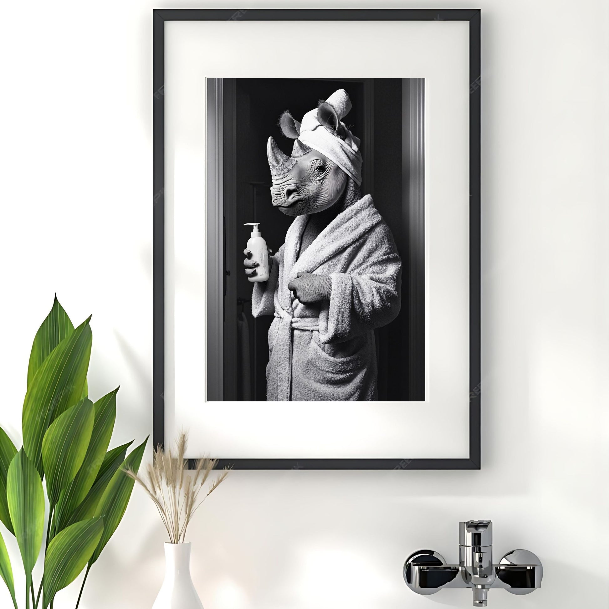 Bathroom decor idea featuring a fun rhino in a bathrobe print.
