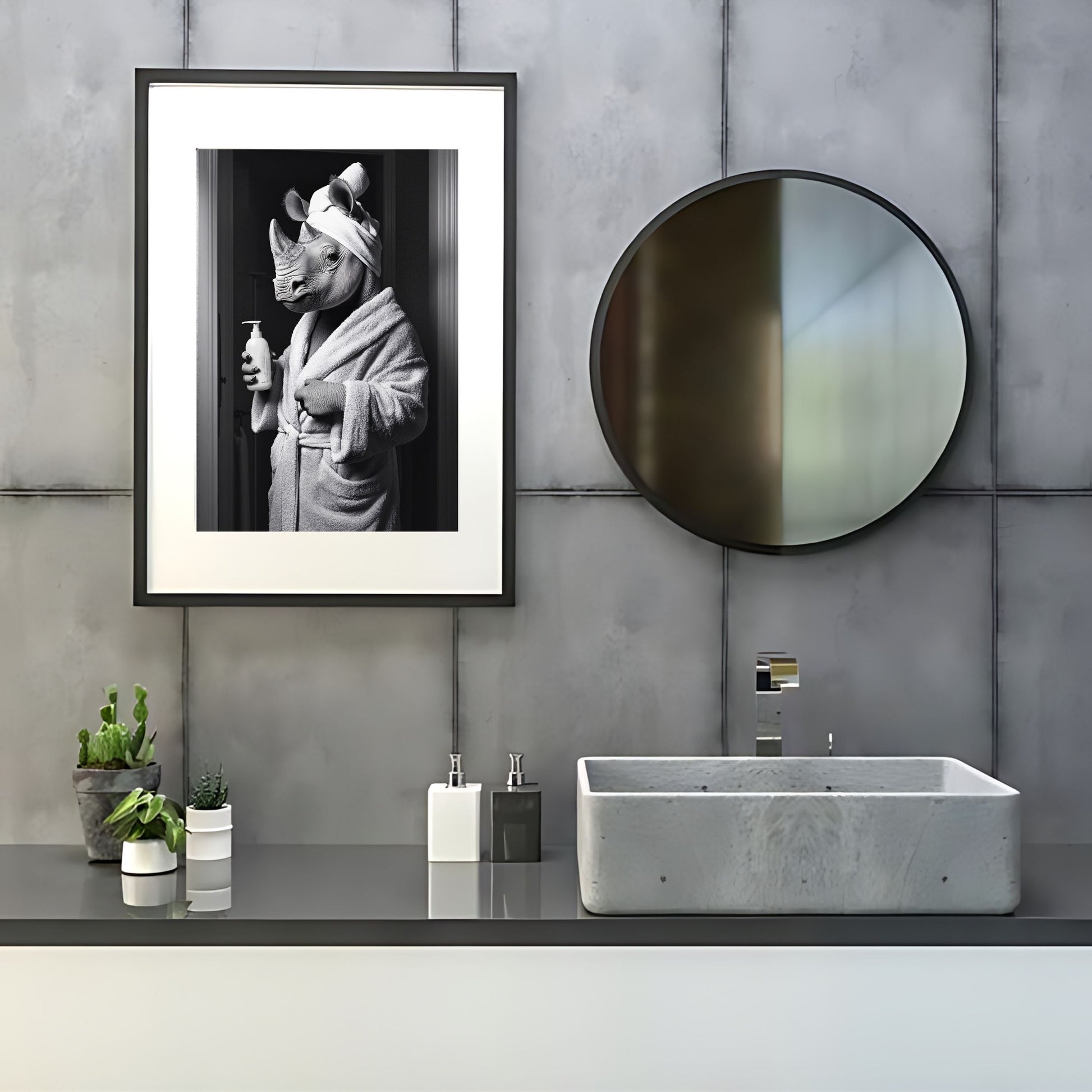 Stylish rhino bathroom wall print in black-and-white tones.