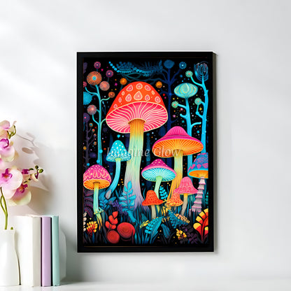 Vibrant mushroom forest print perfect for children’s rooms