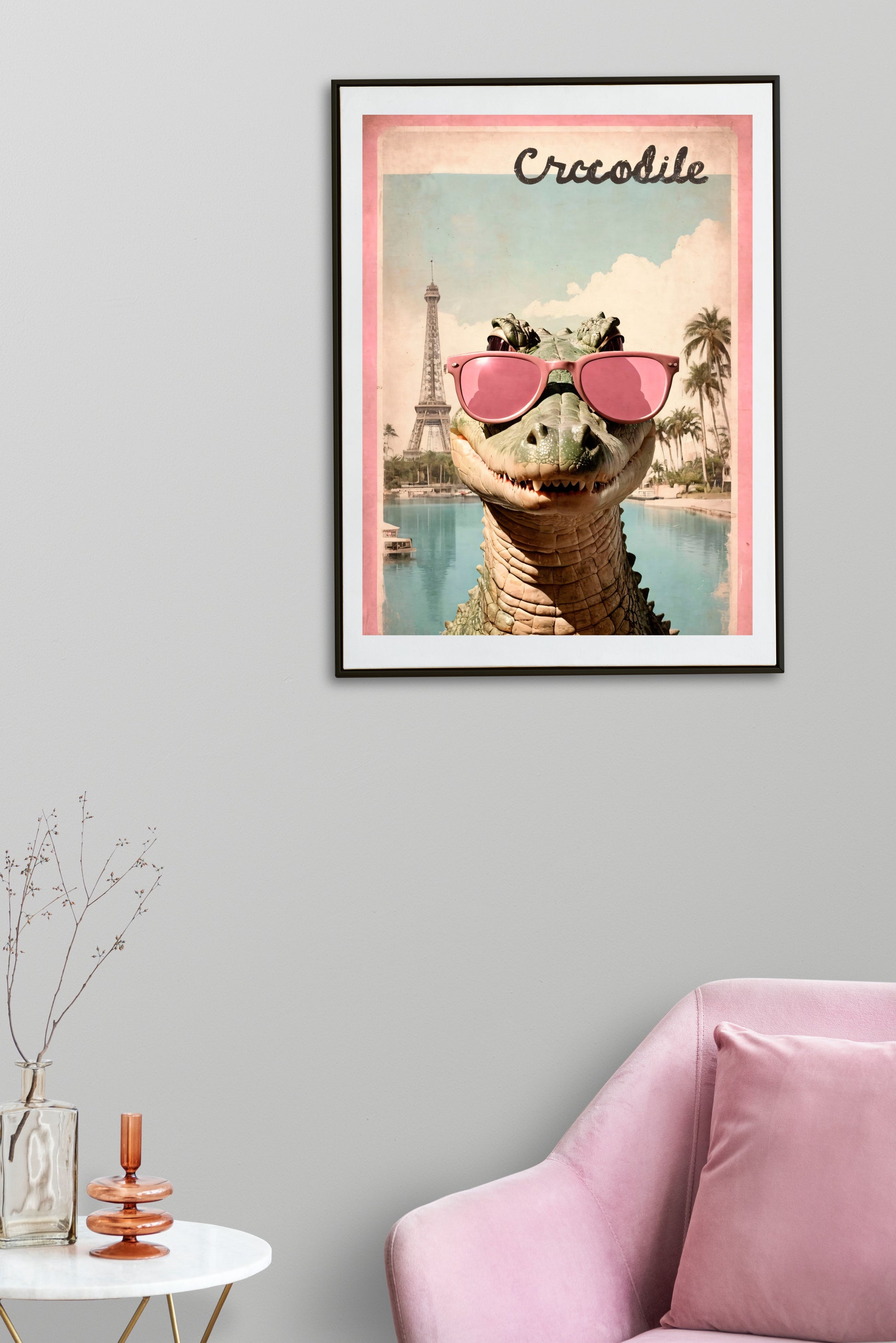 Whimsical animal decor showcasing a stylish crocodile in sunglasses