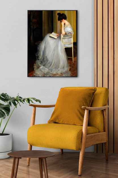 Elegant vintage portrait print of a woman reading a book