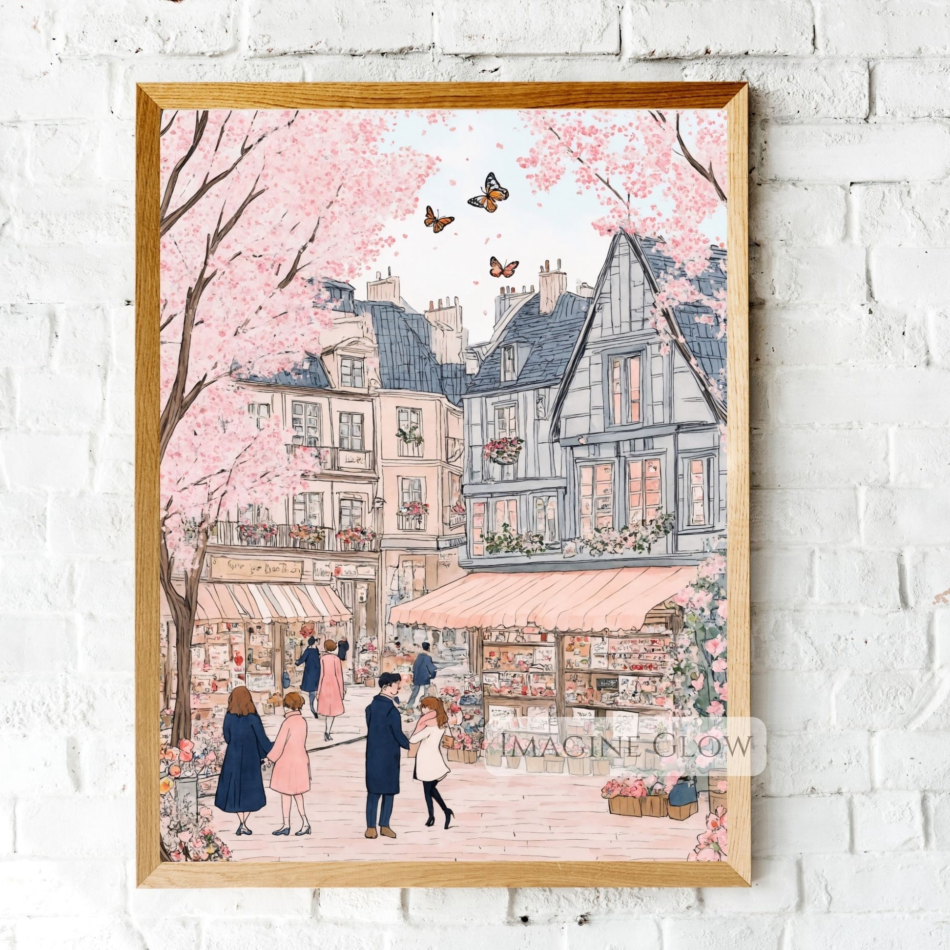 Romantic spring town with pastel buildings and blooming gardens.
