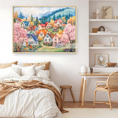 Spring-themed wall decor featuring a floral countryside village