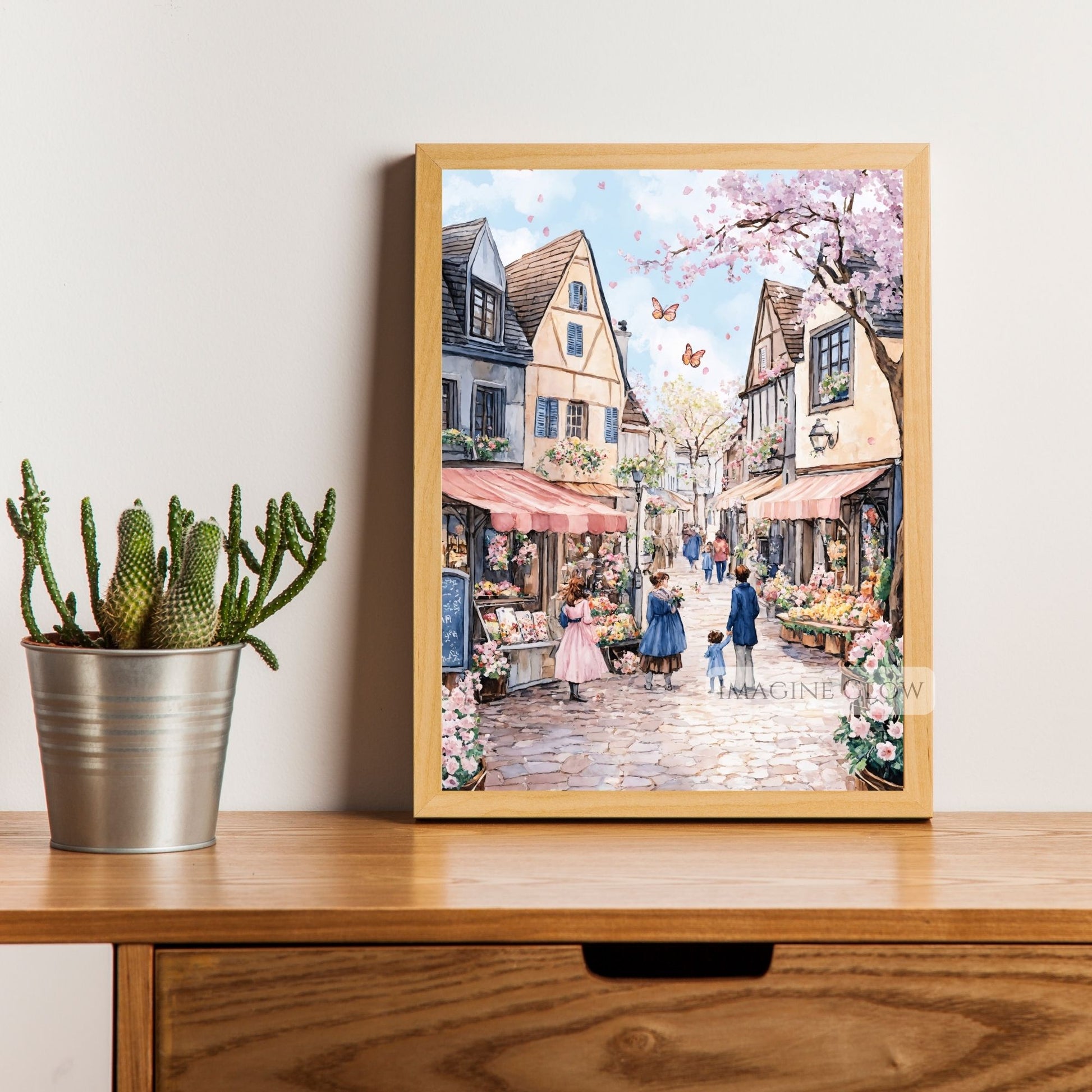 European-style old town in spring with floral vendors and blooming cherry trees.
