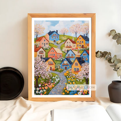 Folk art of a spring village with colorful houses and wildflowers
