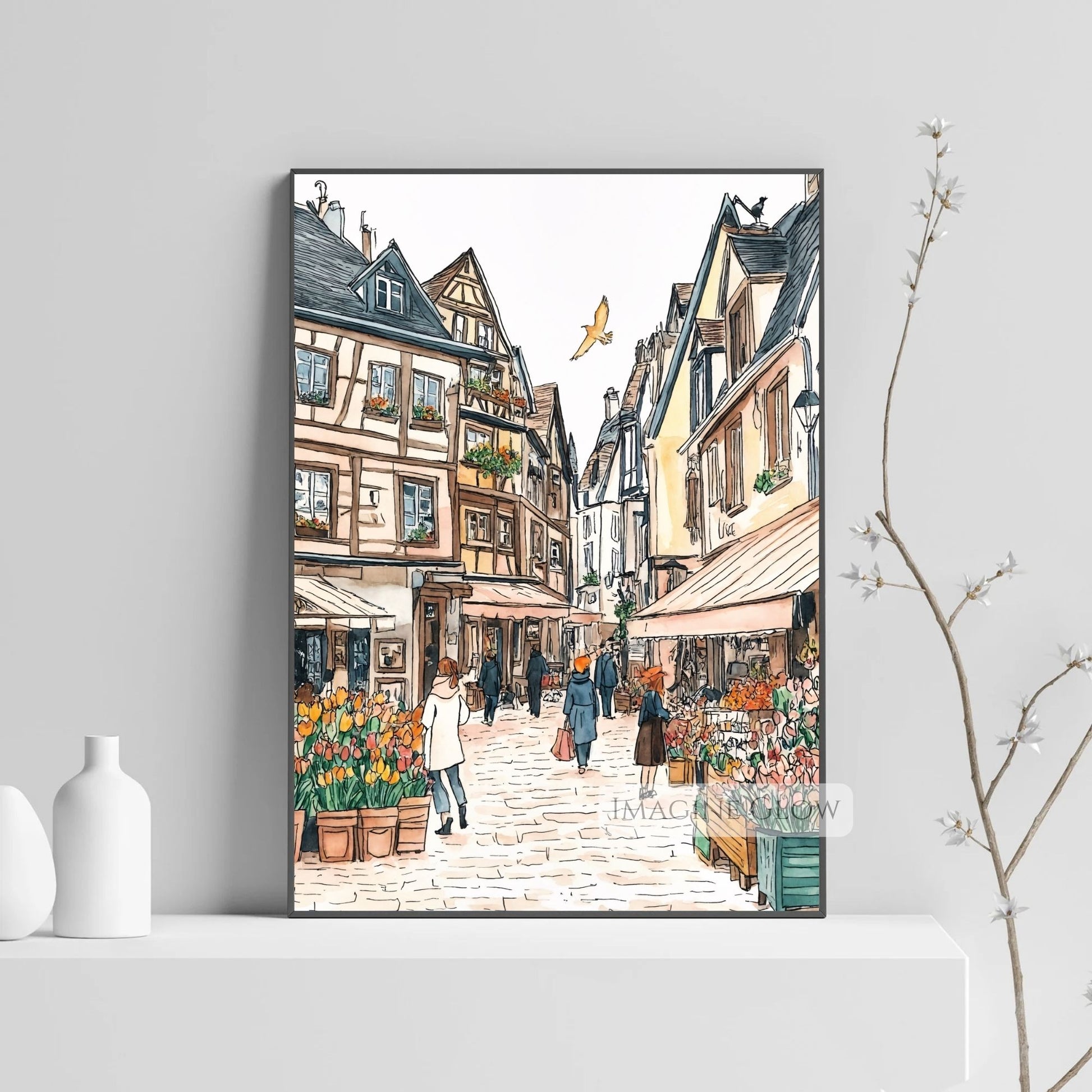 Charming flower market in a pastel-colored spring town illustration.
