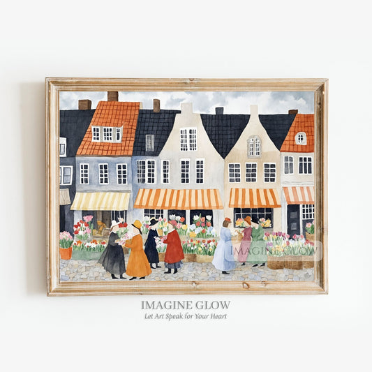 Blooming tulips artwork in vintage flower market style
