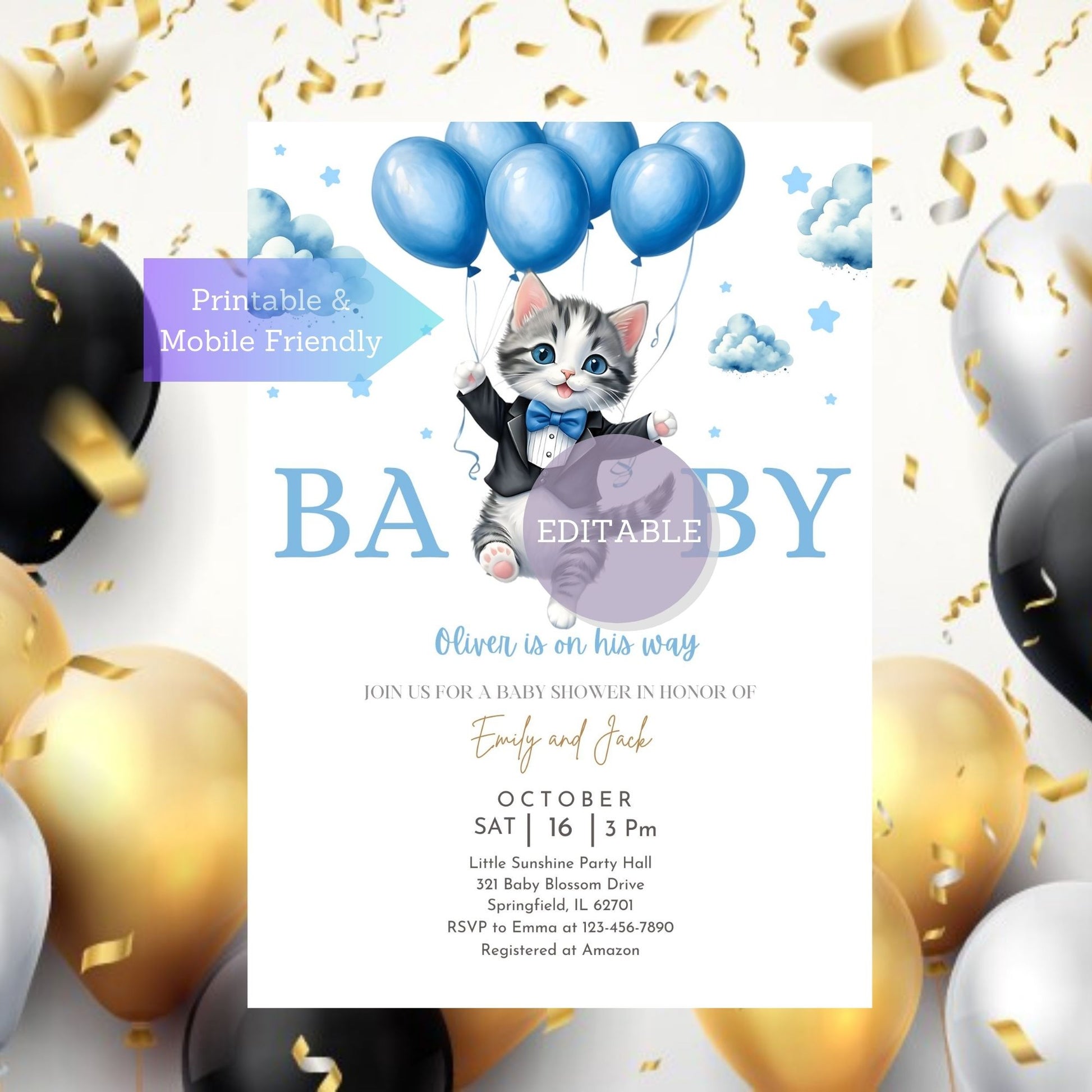 Charming baby boy shower invitation template that can be customized online with Canva, ideal for sharing special moments.