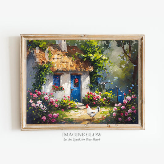 Blue Door Cottage Garden with Rooster antique botanical print, perfect for home decor.
Printable wall art featuring a flowers garden with rooster and blue door.