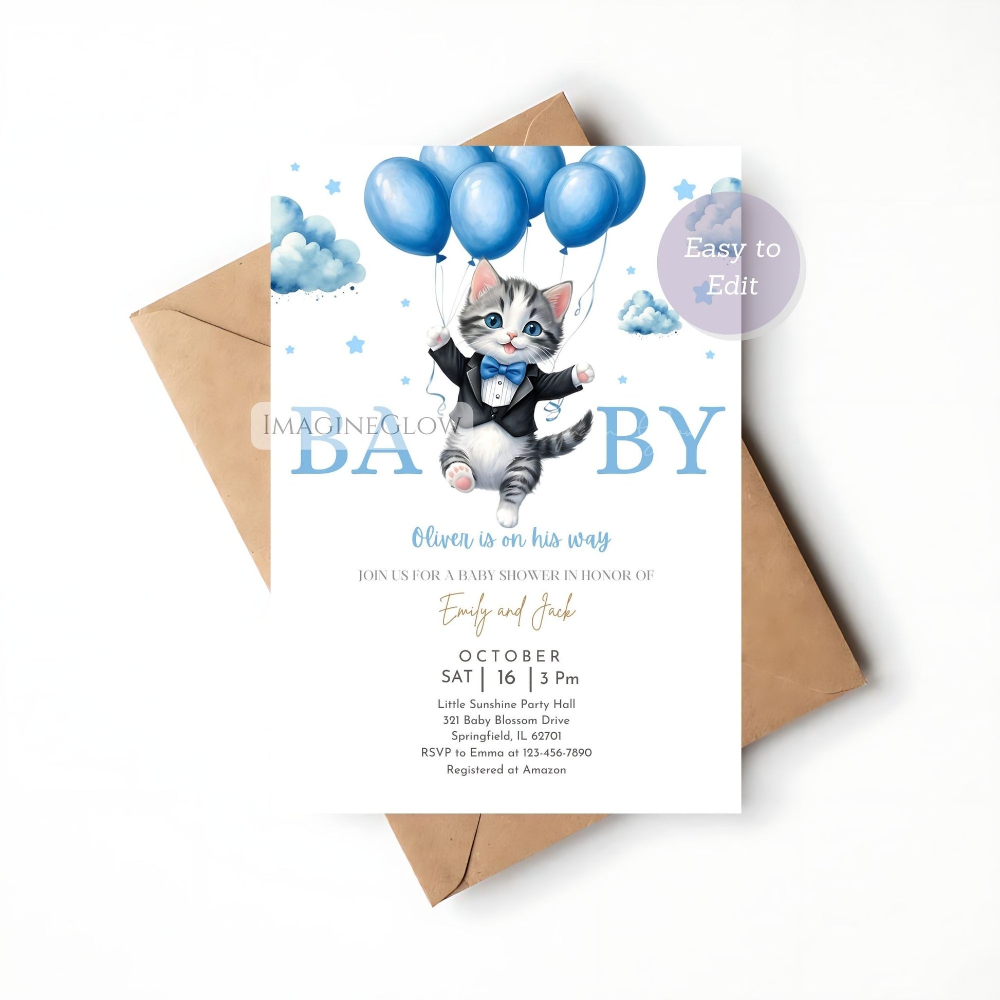 blue balloon cat baby shower invite
