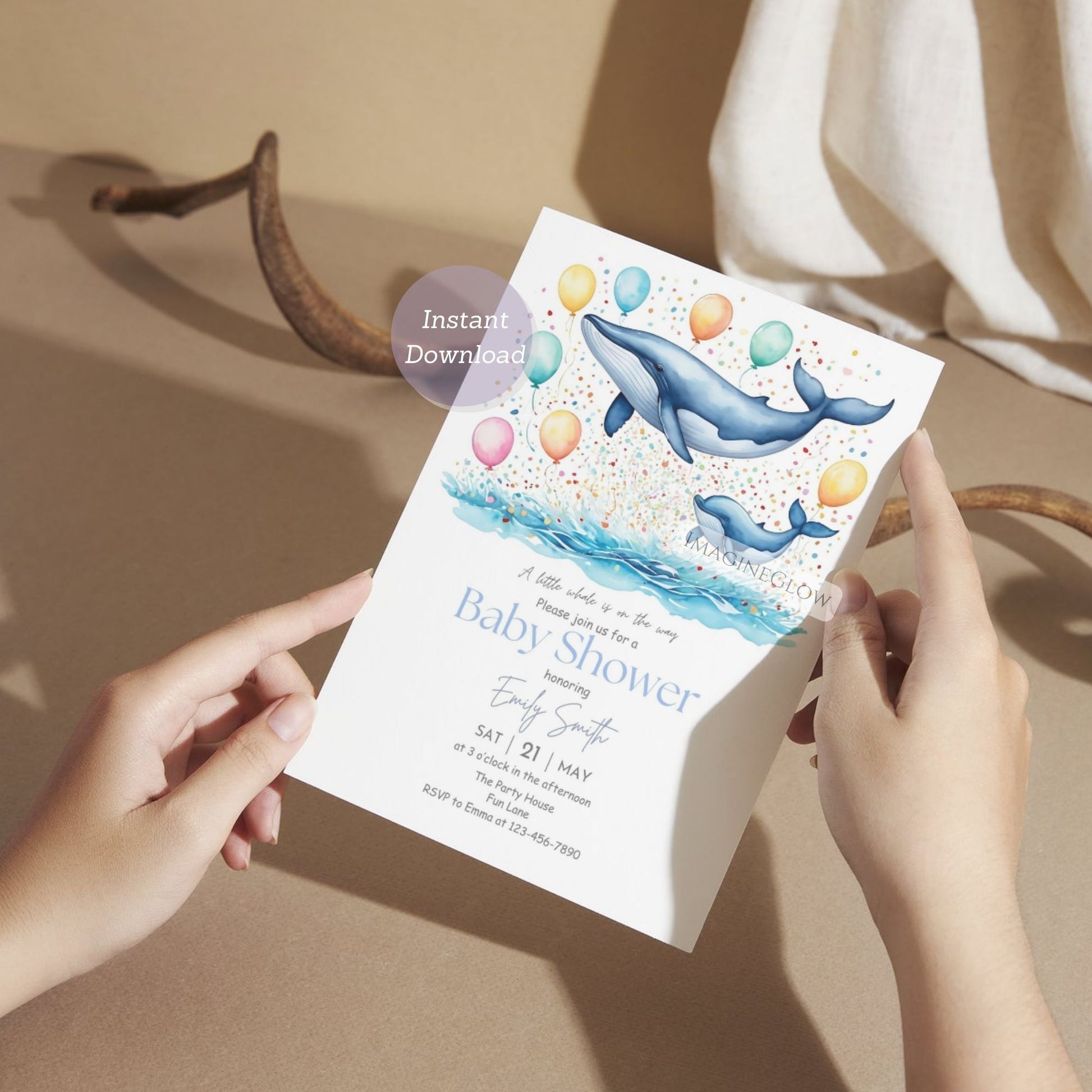 blue watercolor whale baby invite
