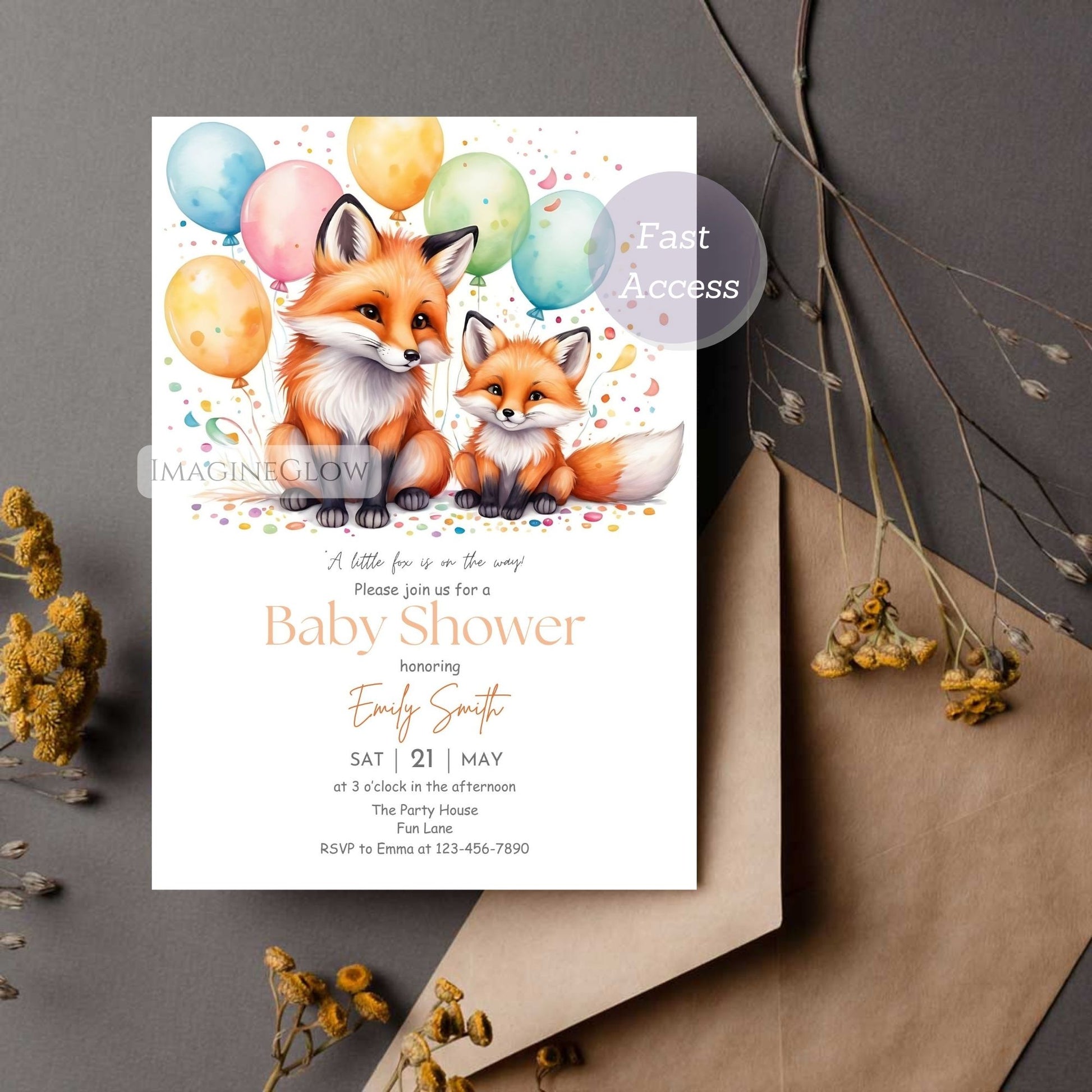rustic woodland fox baby shower invite
