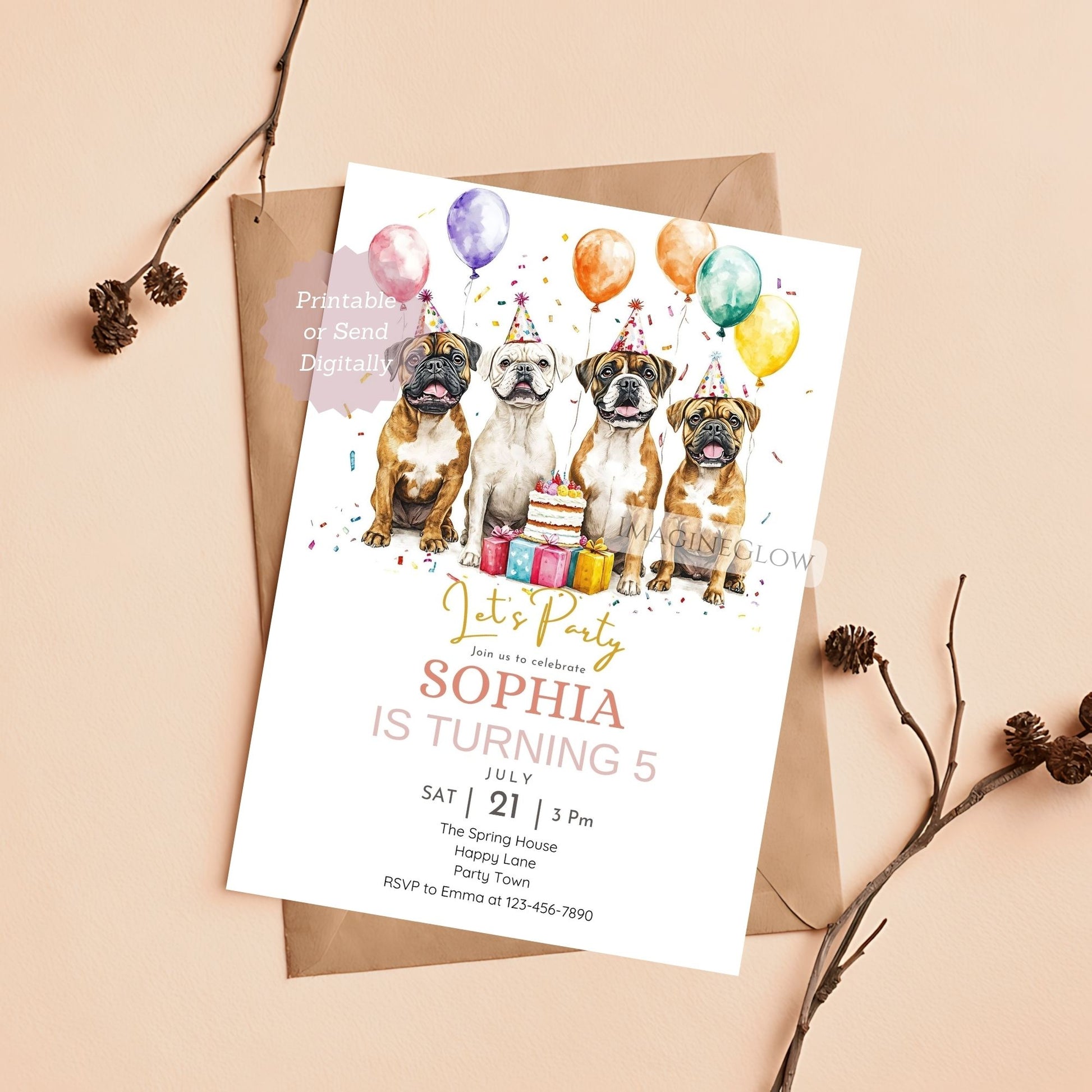 Boxer birthday invitation editable in Canva
