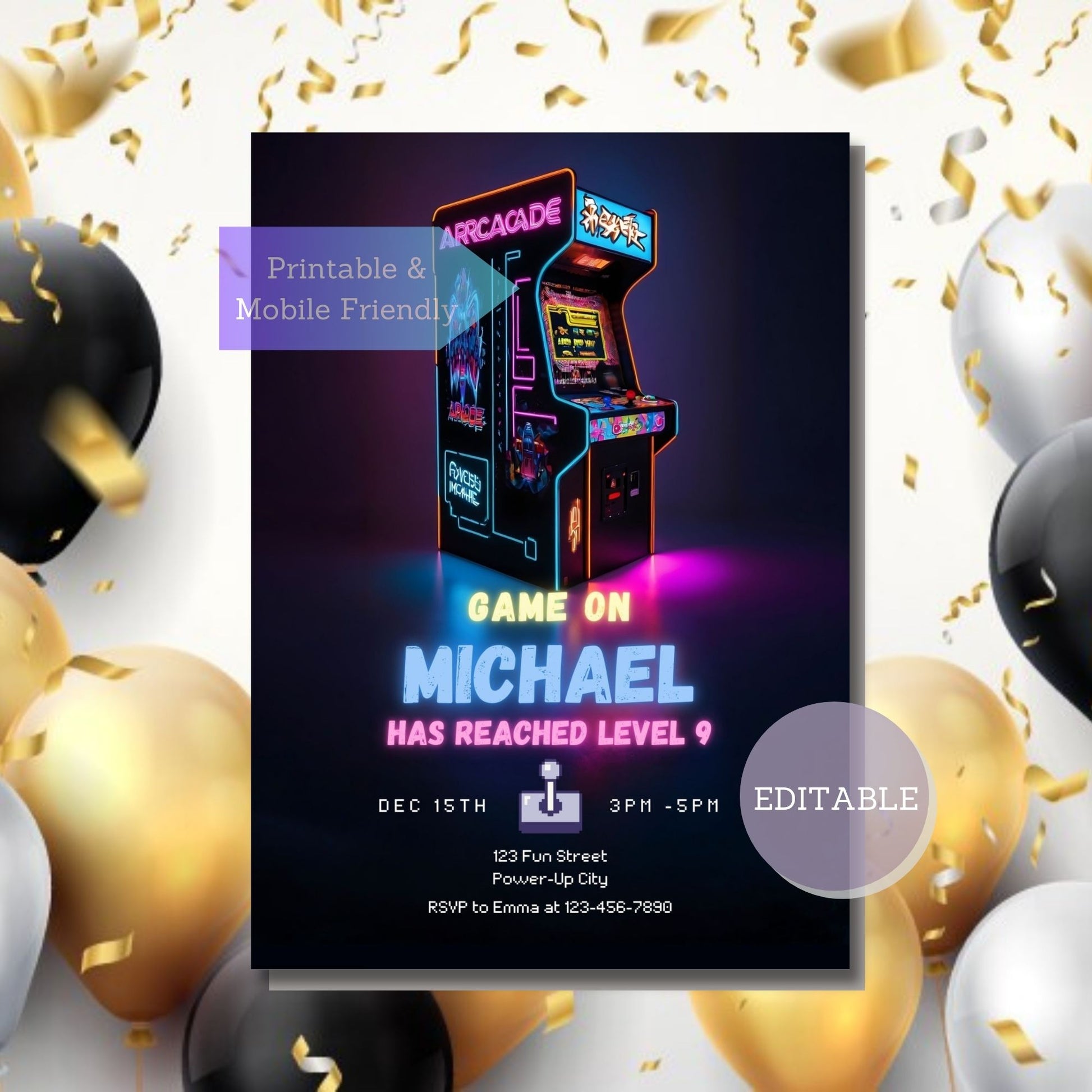 Arcade party invitation for gamer boy birthday with neon glow design