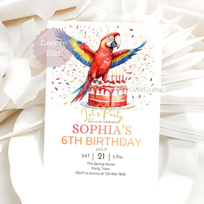 tropical macaw birthday invitation
colorful parrot party invite
