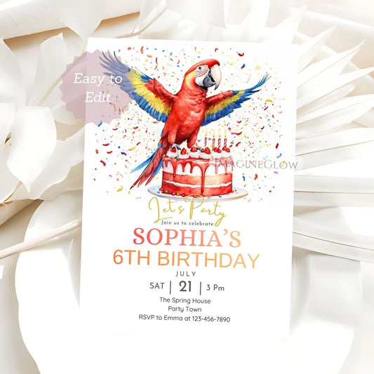tropical macaw birthday invitation
colorful parrot party invite
