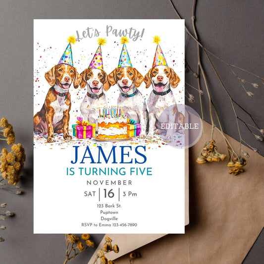 Brittany dog birthday invitation for pet-themed celebrations.
