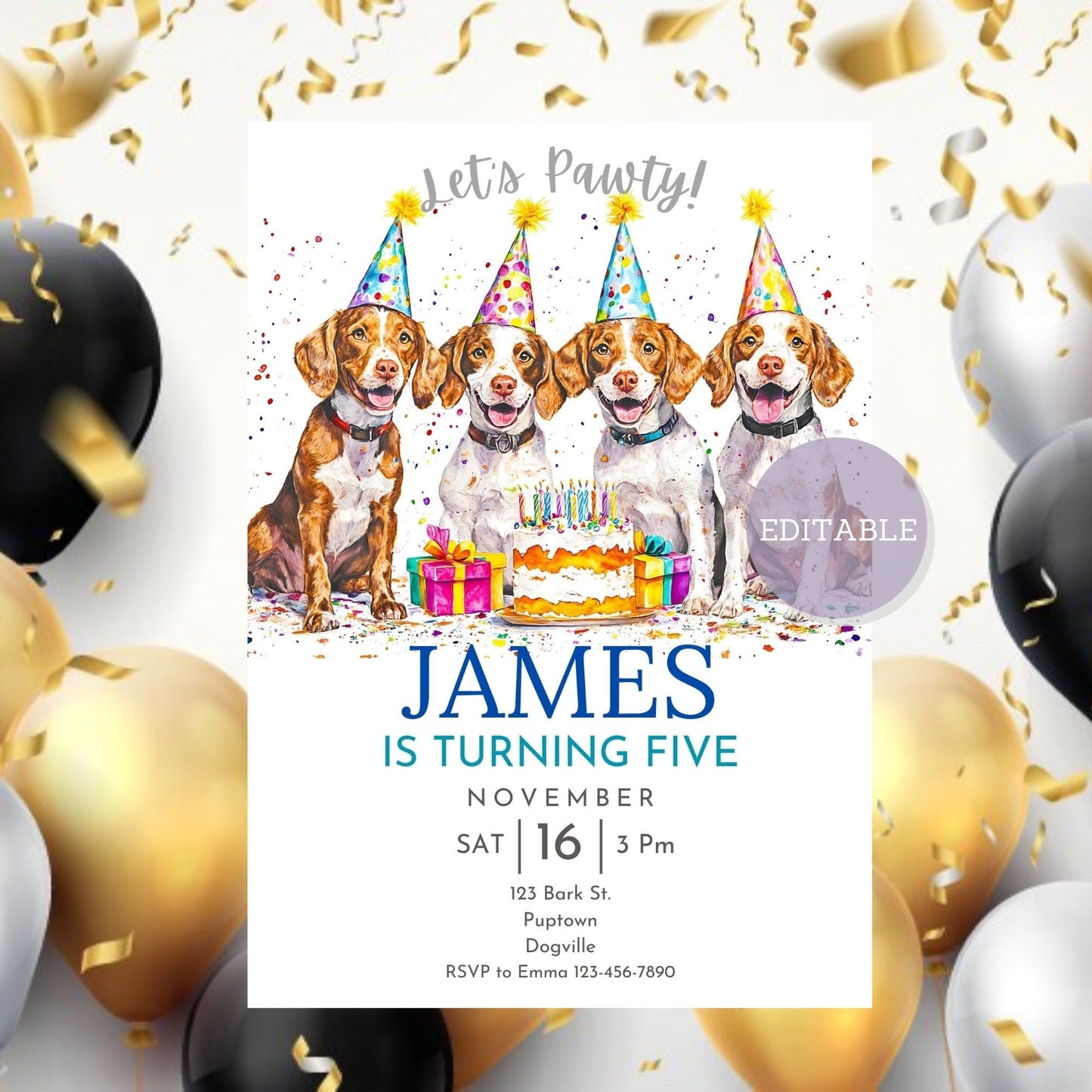 Printable Brittany Spaniel birthday invitation template.
