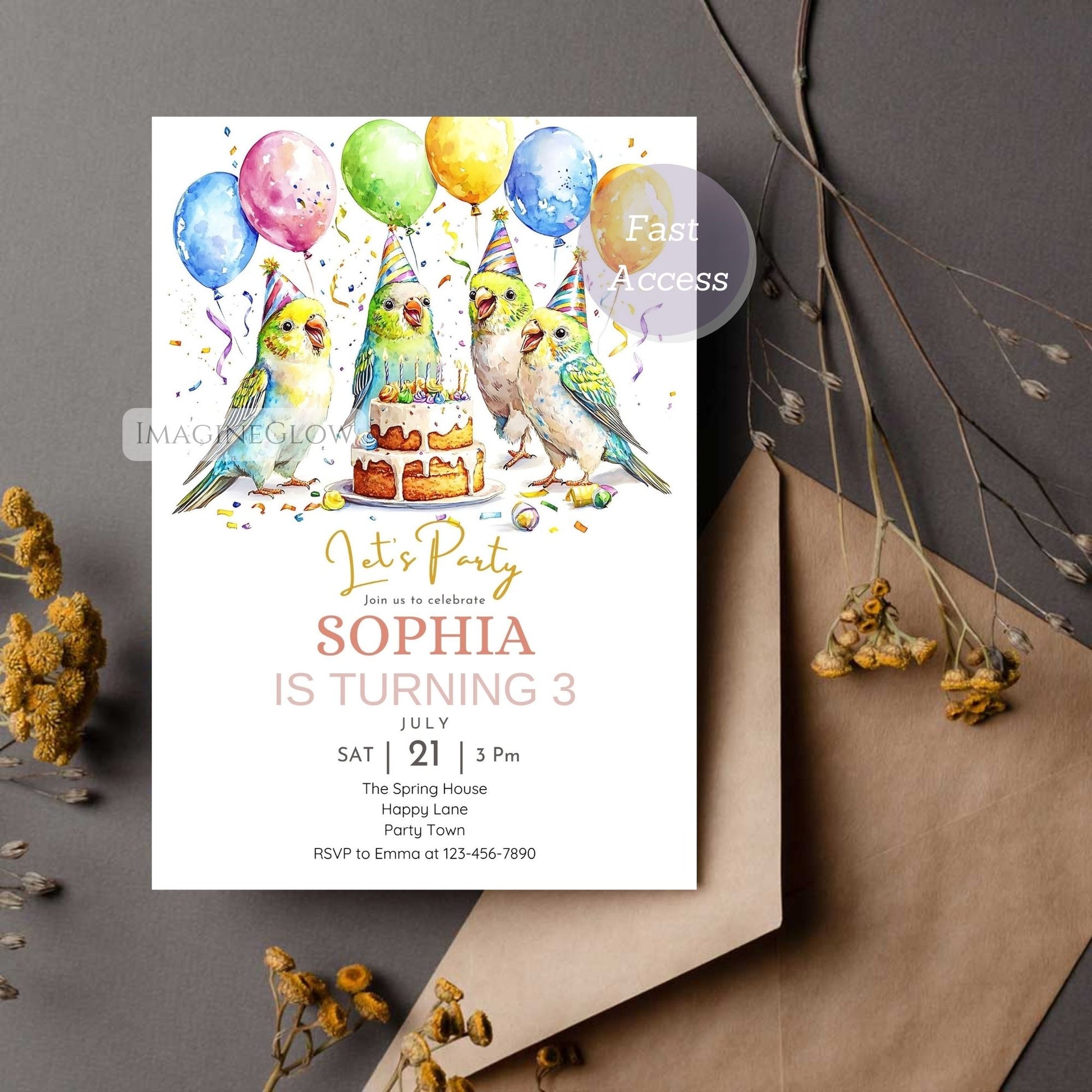 Editable budgerigar invitation for kids birthday
