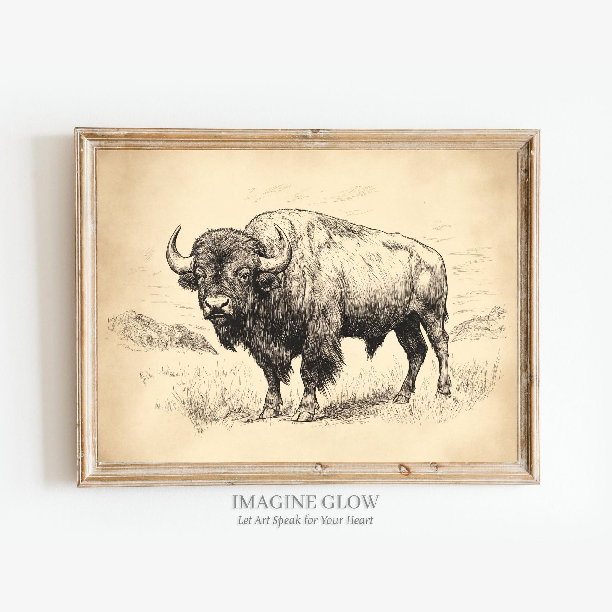 Vintage buffalo sketch art print for rustic decor.
