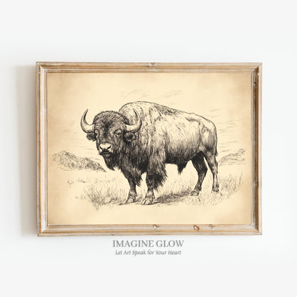 Vintage buffalo sketch art print for rustic decor.
