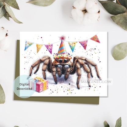 Birthday card with a spider wearing party hats on a white background with cotton and leaves.
