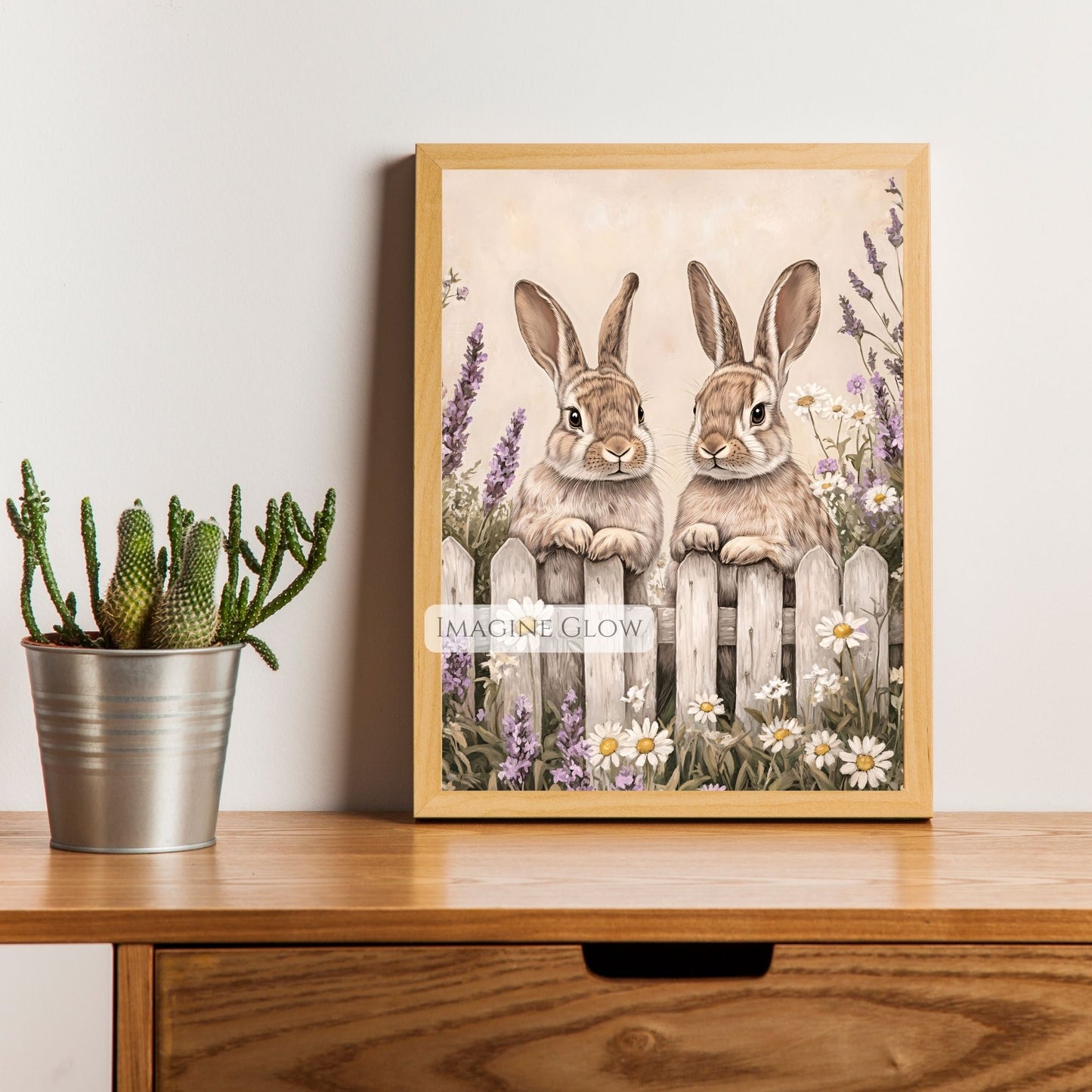 Two bunnies surrounded by wildflowers in a whimsical art print.
