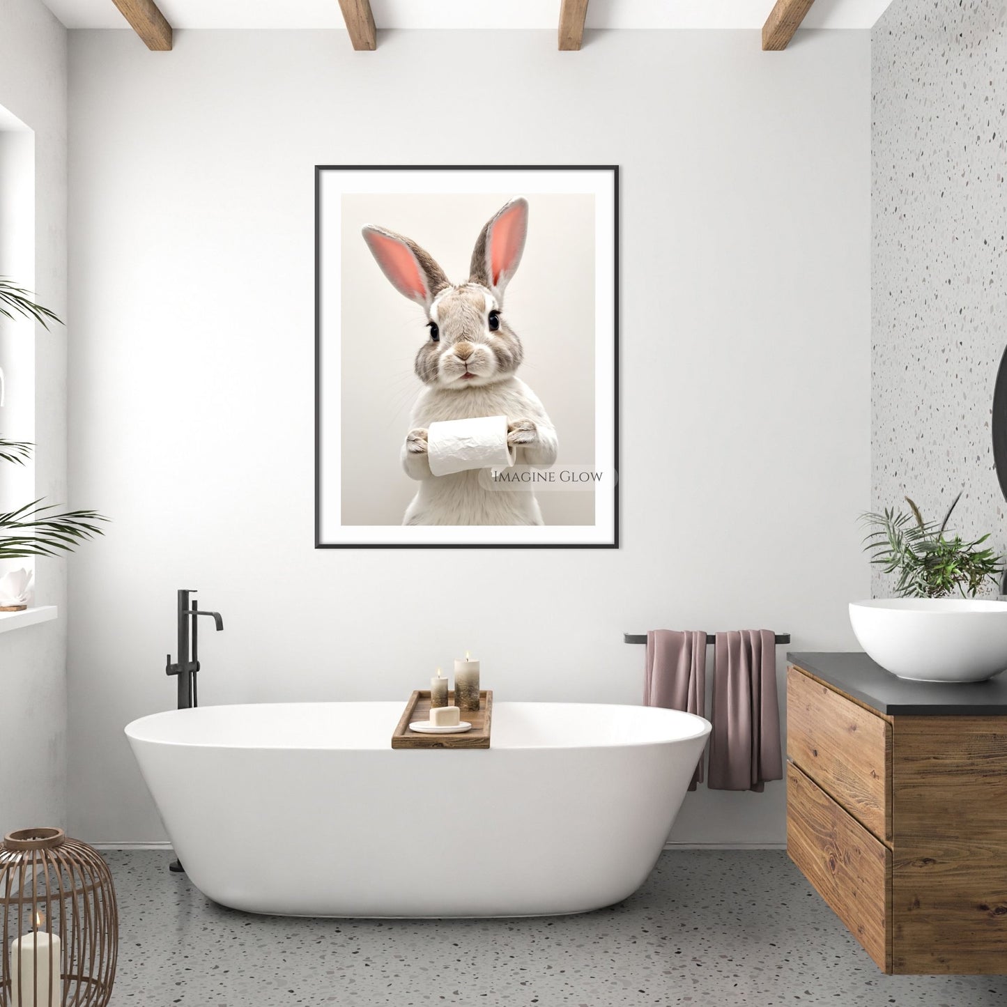 Colorful bunny bathroom wall art with a whimsical design.
