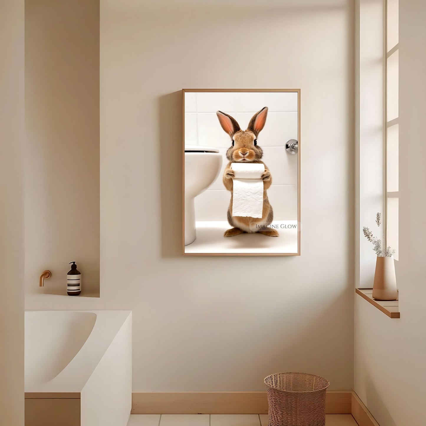 Lighthearted bunny bathroom wall art for fun and unique spaces.
