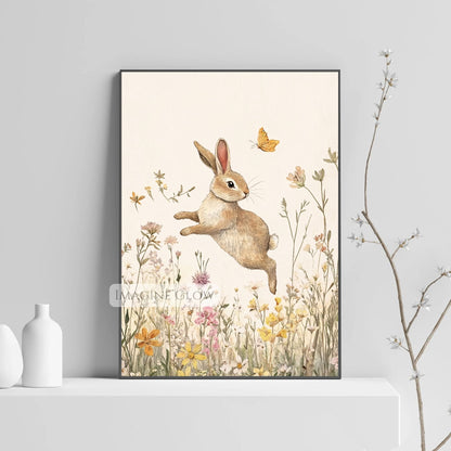 Sweet bunny and wildflowers in a calming nursery art print.
