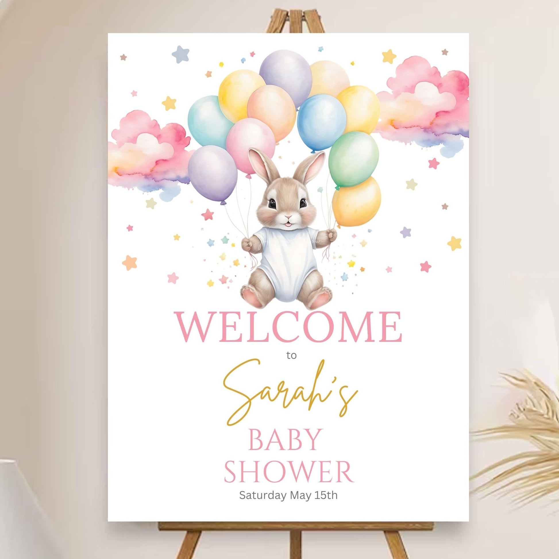 Baby girl bunny party poster with balloon theme.
