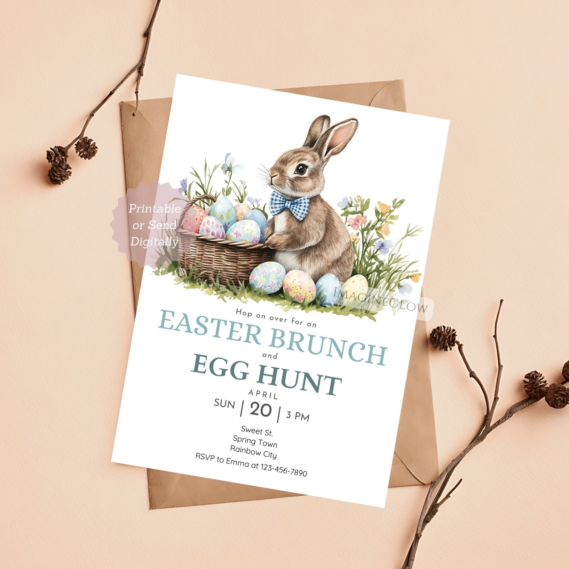 Easter Bunny Egg Hunt Invitation with Basket of Eggs
