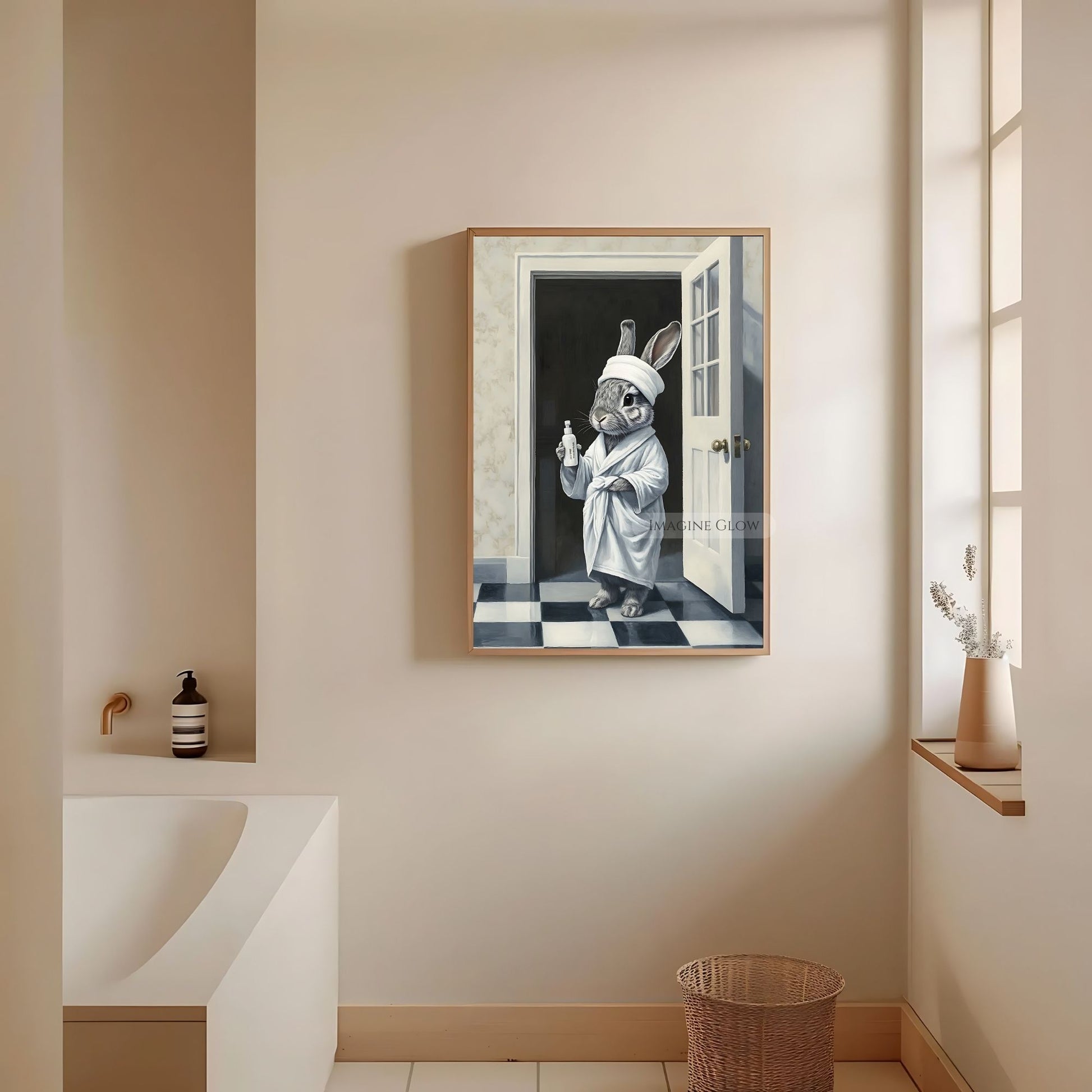 Funny rabbit in bathrobe restroom poster
