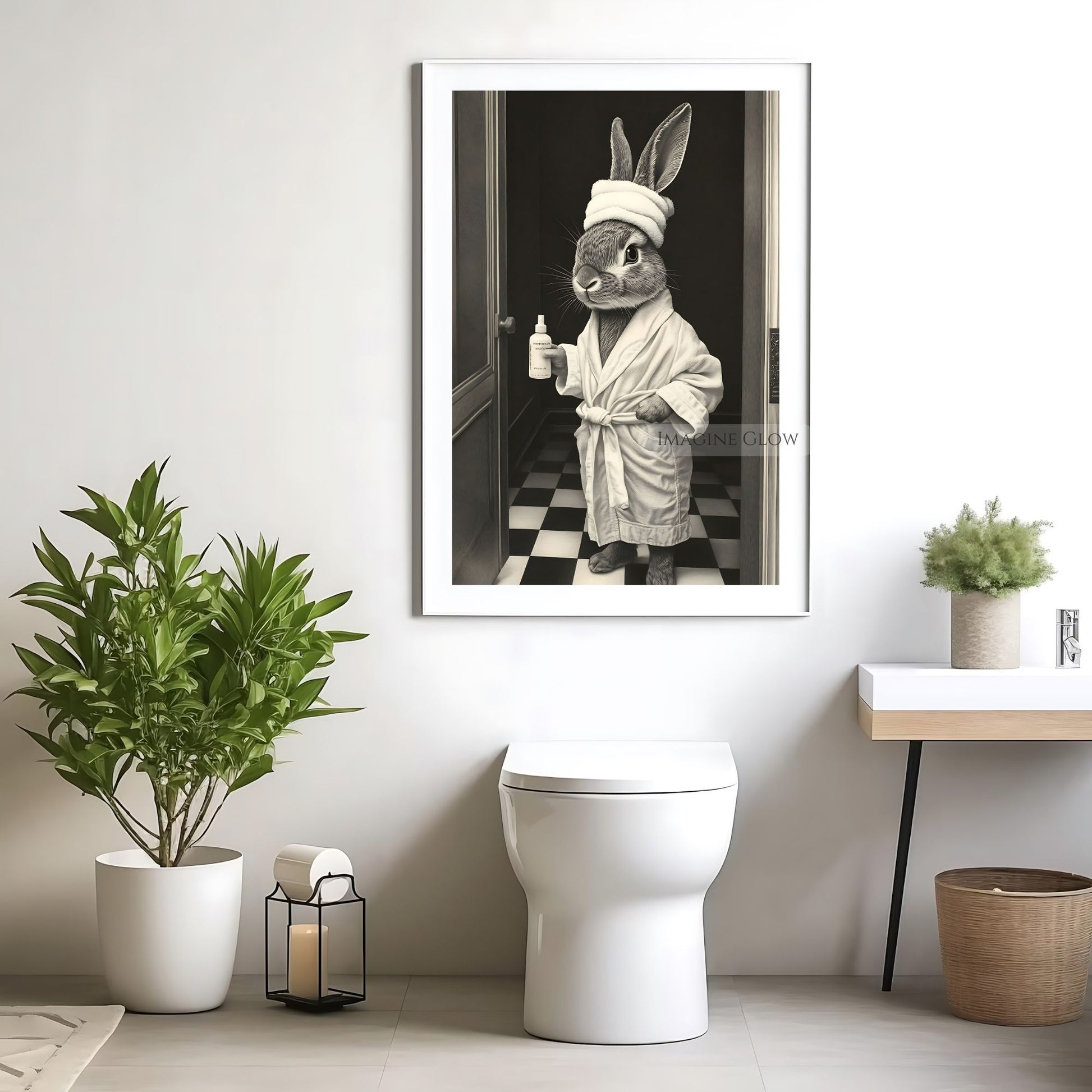 Black-and-white bunny in bathrobe wall art
