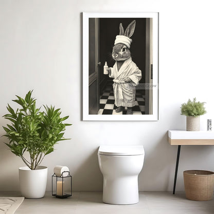 Black-and-white bunny in bathrobe wall art
