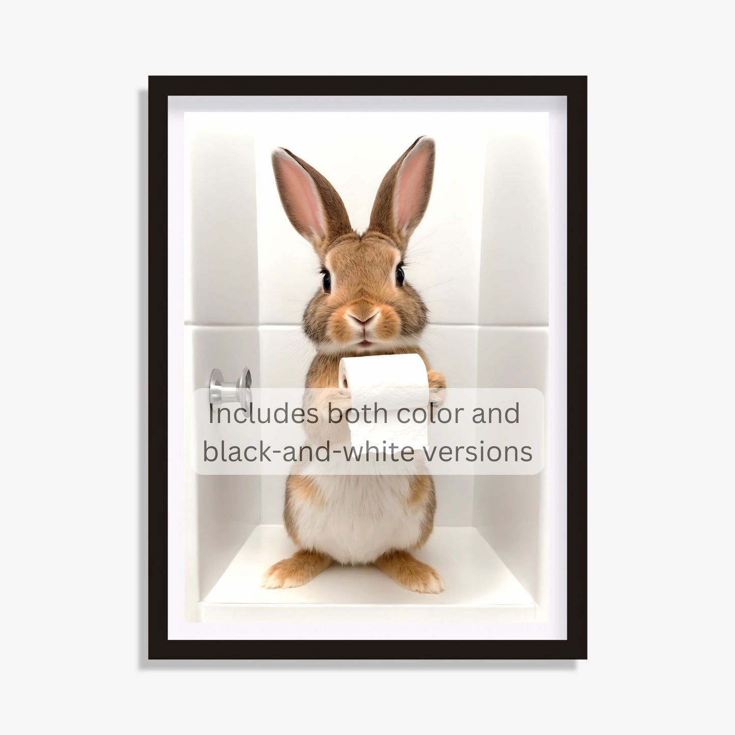 Funny rabbit wall art for quirky bathroom decor.
