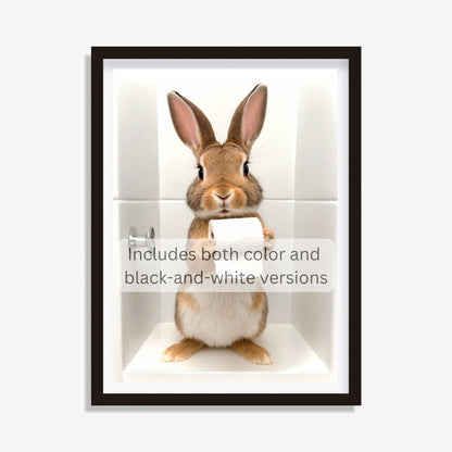 Funny rabbit wall art for quirky bathroom decor.

