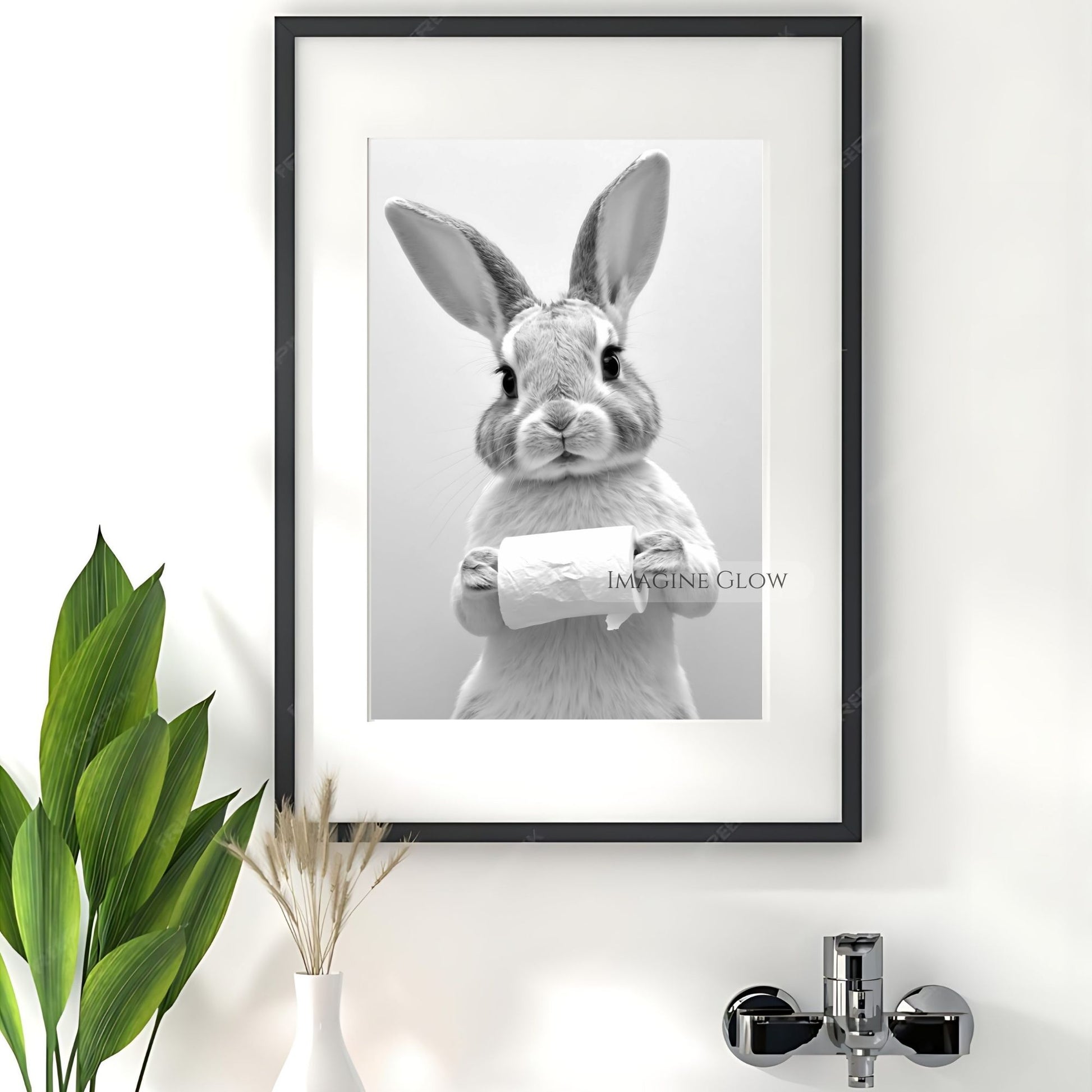 Black-and-white bunny bathroom humor art for quirky spaces.
