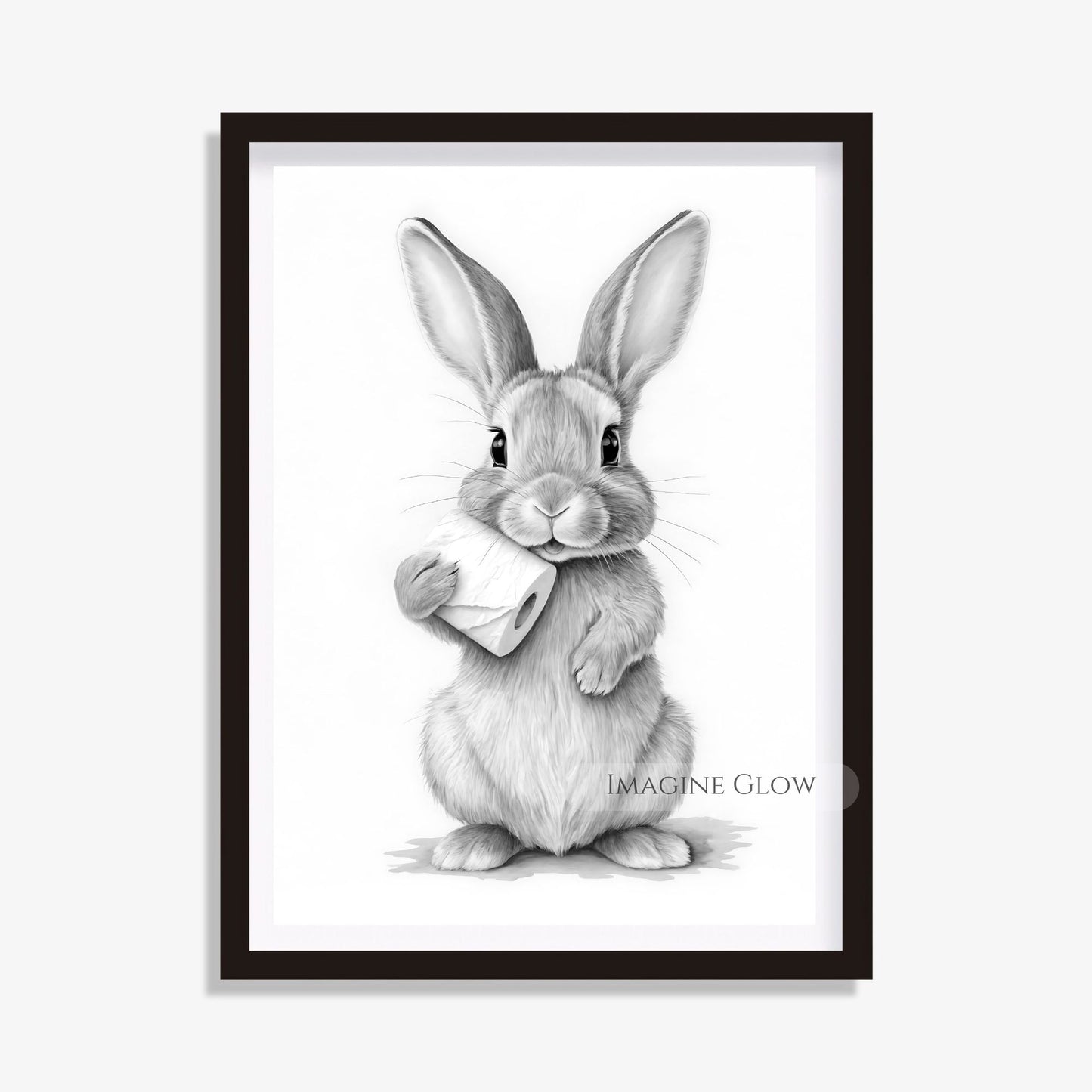 Black and white bunny bathroom print featuring a rabbit with toilet paper.
